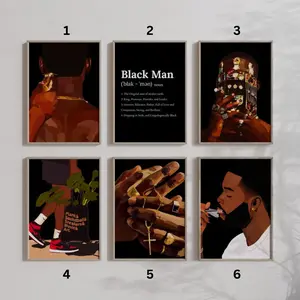 6-Piece Black Man Graphic Art Photo Paper Prints Set - Paper Tape-Installable Masculine Wall Decoration, Modern Home Decor Artwork for Men's Room, Him Gift