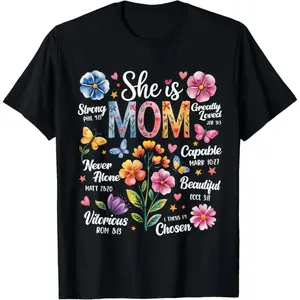 🌸[Graphic tee] She is Mom Bible Verses Christian Boho Floral T-Shirt, Mothers Day Gift Graphic Tee, Soft Cotton Unisex Shirt, Inspirational Scripture Design, Casual OOTD Outfit for Women, Floral Faith Apparel, Everyday Wear, All Sizes S-3XL
