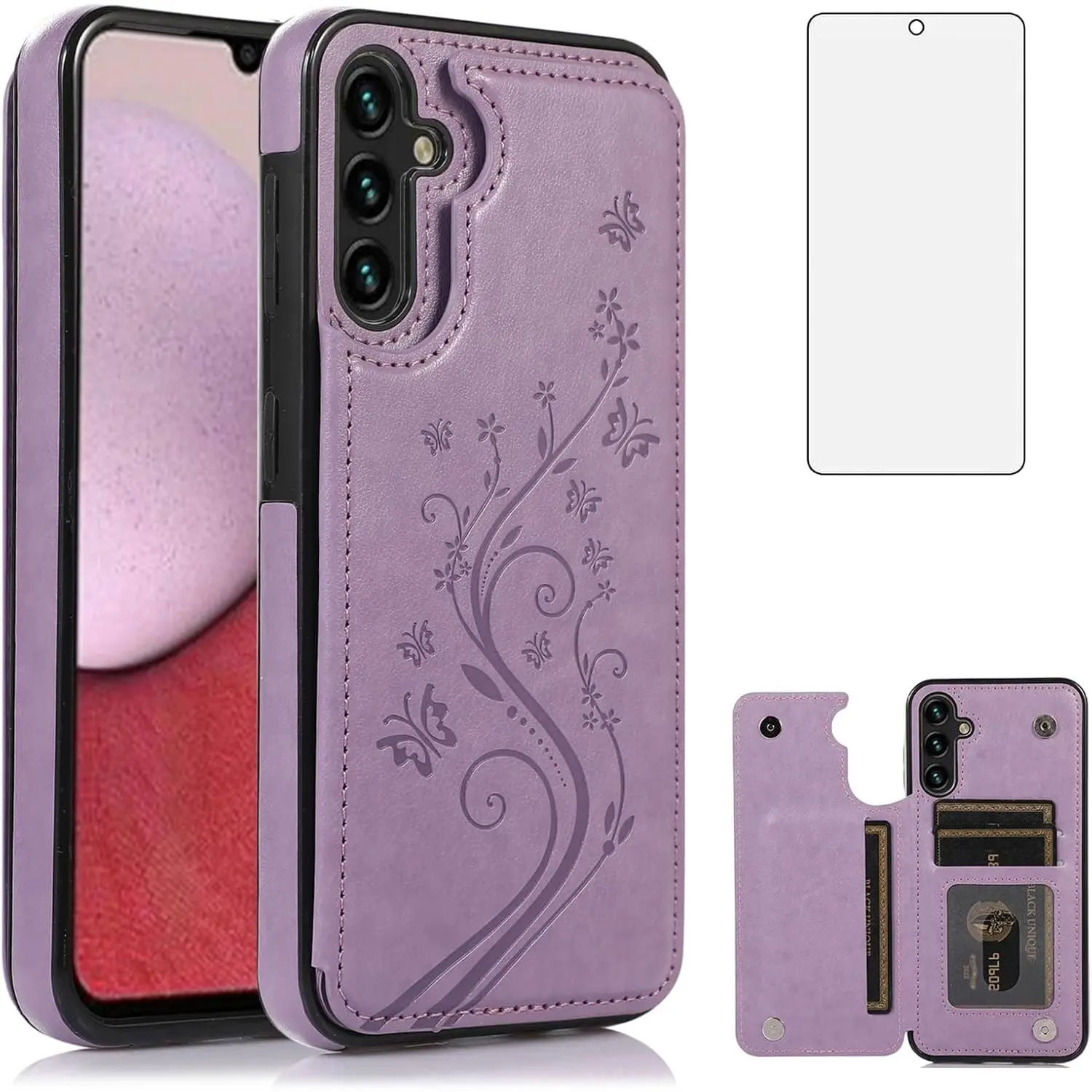 L-PCS003  Phone Case for Samsung Galaxy A36 5G with Tempered Glass Screen Protector and Card Holder Wallet Cover Stand Flip Leather Cell Accessories A 36 36A LTE SM-A366U Women Men Purple, Cash, Smartphone