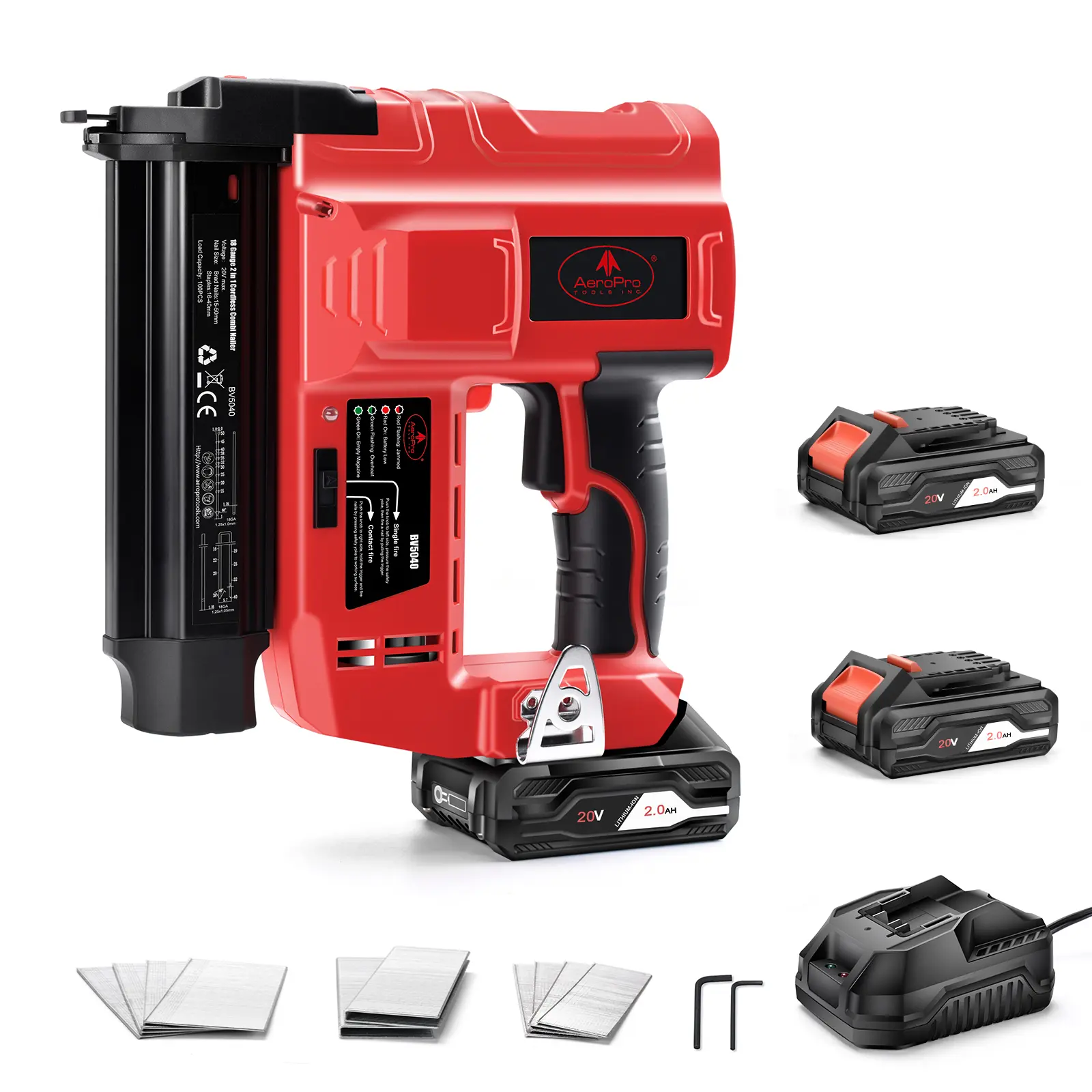AEROPRO Tools 18 Gauge Nail Gun Battery Powered, 2 in 1 Cordless Brad Nailer/Staple Gun with 2 * 2.0Ah Li-ion Batteries, Charger and 1000 Nails for Woodworking & DIY Brushless Straight Finish Nailer