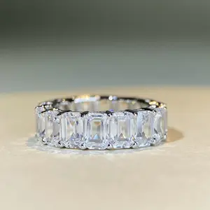 S925 Sterling Silver Emerald Cut Eternity Ring for Women, Full Zircon Wedding Band, Luxury Engagement Anniversary Jewelry, Hypoallergenic Gift