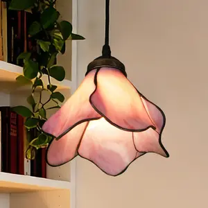 Tiffany Style Stained Glass Shade Replacement for Table Lamp, Mediterranean Blue Green Leaves Lampshade for Table Lamp Pendant Light Ceiling Fixture, 8 Inch Width,Pink