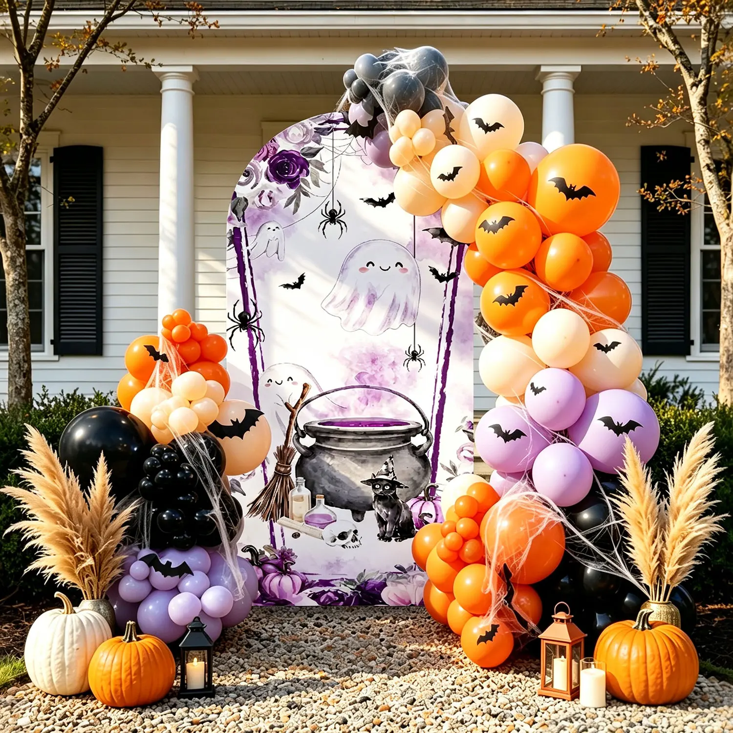 6.56ft Tall Purple Witch Ghost Spandex Arch Cover Halloween Cauldron Pumpkin Double Sided Arch Backdrop for Baby Shower Witch Themed Photo Booth Party Decor