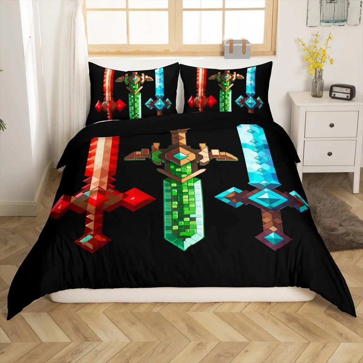 Colorful Sword Duvet Cover Setsandbox Building Games Bedding Set,for Kids Girls Boys Adult Room Decor,Geometric Block Comforter Cover Modern Miner Black Quilt Cover