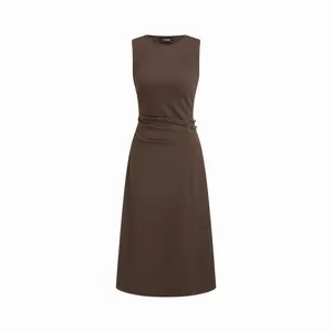 Cider Round Neckline Belted Zip Through Ruched Midi Dress