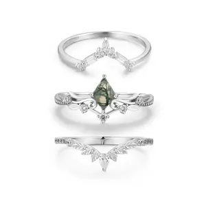 Victorian Lace Moss Agate, Monte Arc, and Woodland White Vermeil Ring Set