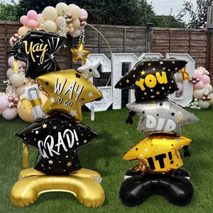 Graduation Cap & Gown Themed Foil Balloon Set Black Gold Luxury Style Standing Floor Balloon Decor For Graduates Parents Teachers Graduation Season/Commencement/Grad Party Graduation Themed Party Decorations