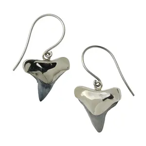 Fossilized Shark Tooth Titanium Dangle White Brass Earrings