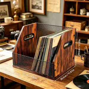 Wooden Vinyl Record Stand for Vinyl Storage, Holds Up to 60 LPs, Vintage Wood Design - Vertical Album Holder, Magazine & File Organizer for Desktop & Turntable Setup