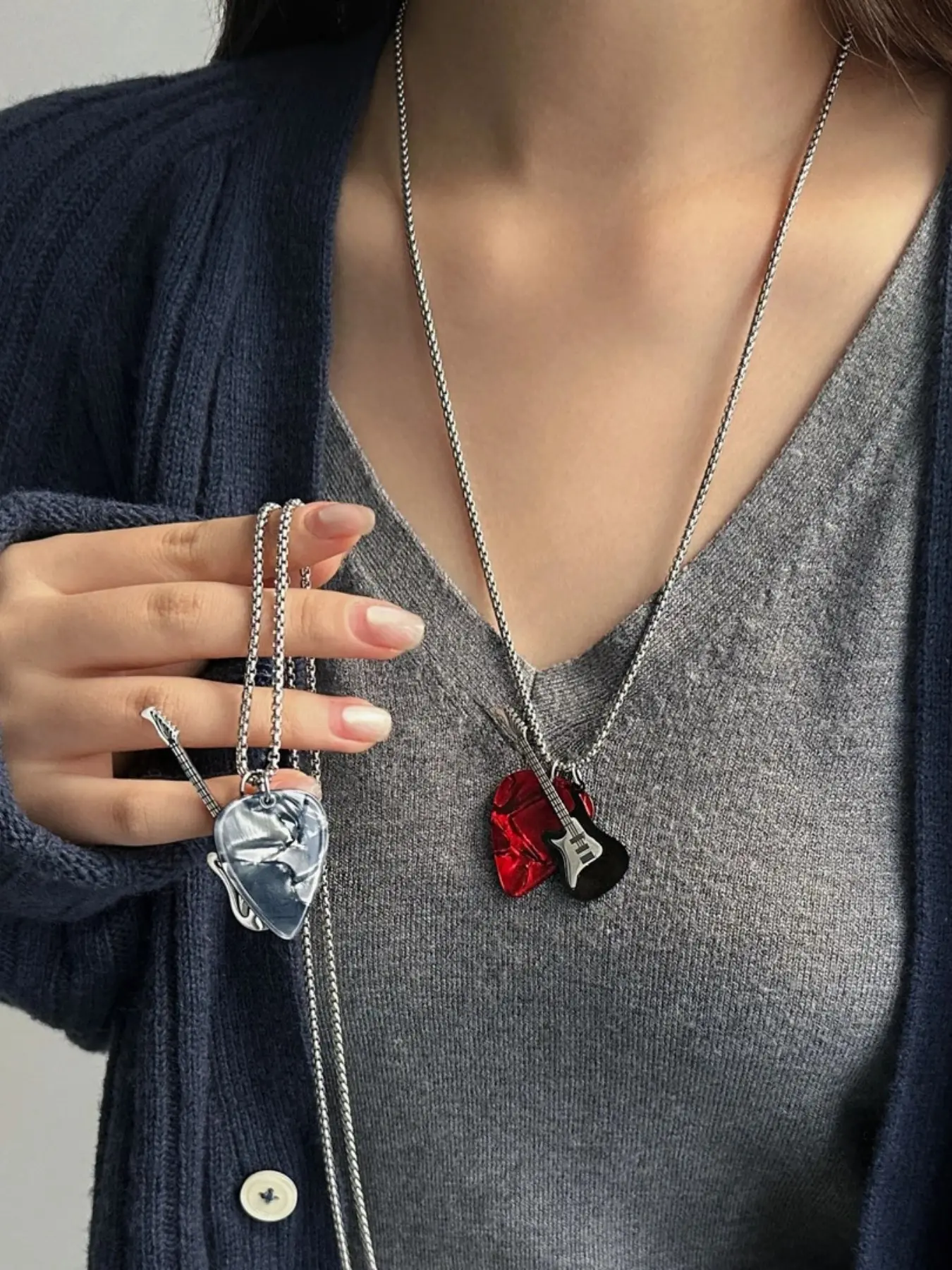 Unisex Punk Rock Guitar Pick Love Heart Necklace Set, Stainless Steel Chain, Fashionable and Simple Design, Perfect for Daily Wear and Gifts, Punk Style Necklace