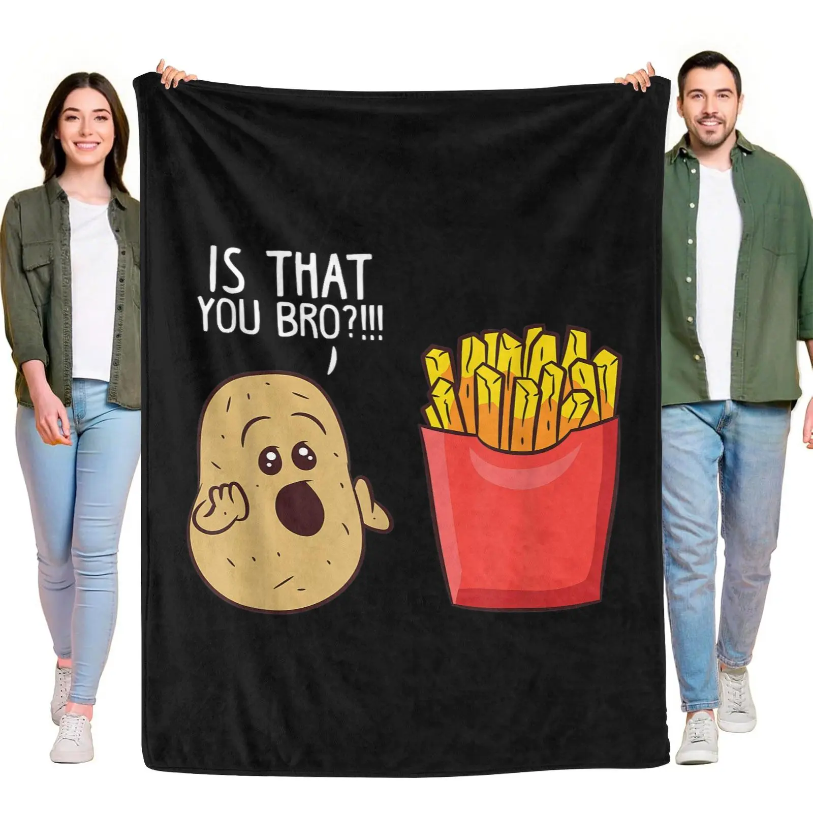 Soft Flannel Throw Blanket - Funny Cartoon Potato & French Fries "Is That You Bro" Food Meme Art, Black Background, Warm Home Decor Gift Ideas for Food Lovers