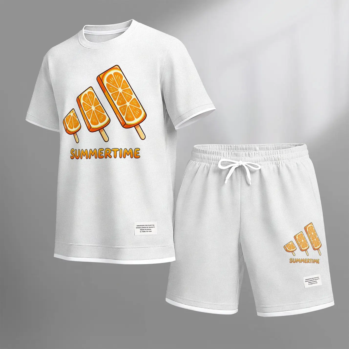 Men's Minimalist Athletic 2-Piece Set, Menswear with Popsicle Print T-Shirt & Drawstring Shorts in Lightweight Soft Polyester, Loose, Shortsleeve, Fabric, Round Neck, Crew Neck, Casual Athletic, Outdoor, Outfits