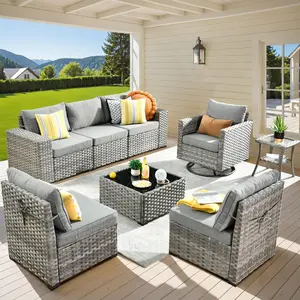 8 PCS Outdoor Patio Furniture Set with Rocking Swivel Chair, PE Wicker Rattan Sectional Sofa & Coffee Table, Free Combination, Easy Assembly