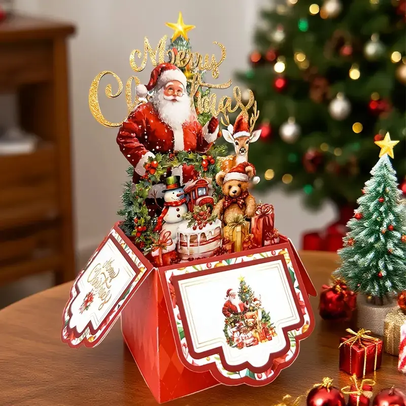 Vintage 4-Layer Christmas Greeting Card – Santa Claus, Reindeer & Tree Design, Red Holiday Card with Envelope, Christmas Party Invitation, Xmas Greeting Cards for Friends & Family, Festive Holiday Card, Christmas Card Bulk, Holiday Party Supplies