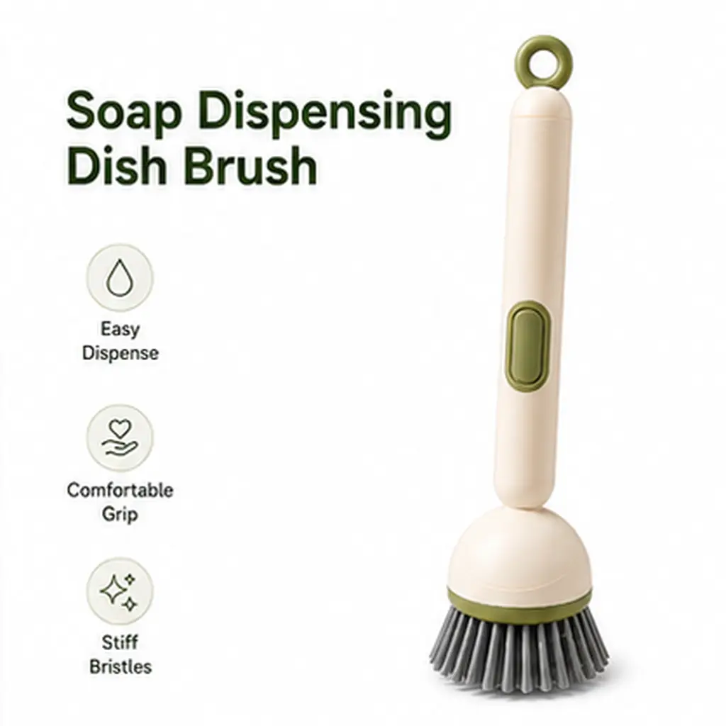 Soap-Dispensing Long-Handle Dish Brush | 360° Rotating Non-Scratch Kitchen Scrubber for Pots, Pans, Dishes, Cups & Sinks, Refillable No-Mess Cleaning Tool
