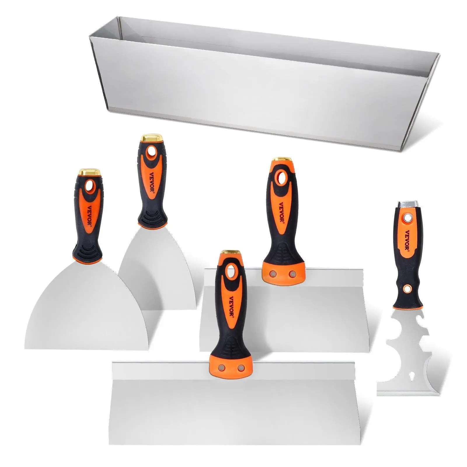 【summerfinds】VEVOR 6PCS Drywall Knife Set , Stainless Steel Paint Scraper Putty Knife 3'' 4'' 6'' 8'' 12'' with Mud Pan, Coating Scrapers, Plaster Scrapers