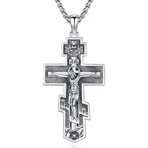 DRINSPER S925 Orthodox Cross Necklace Sterling Silver Pendant Christian Jewlery Vintage Jesus Crucifix Cross Pendant Necklace