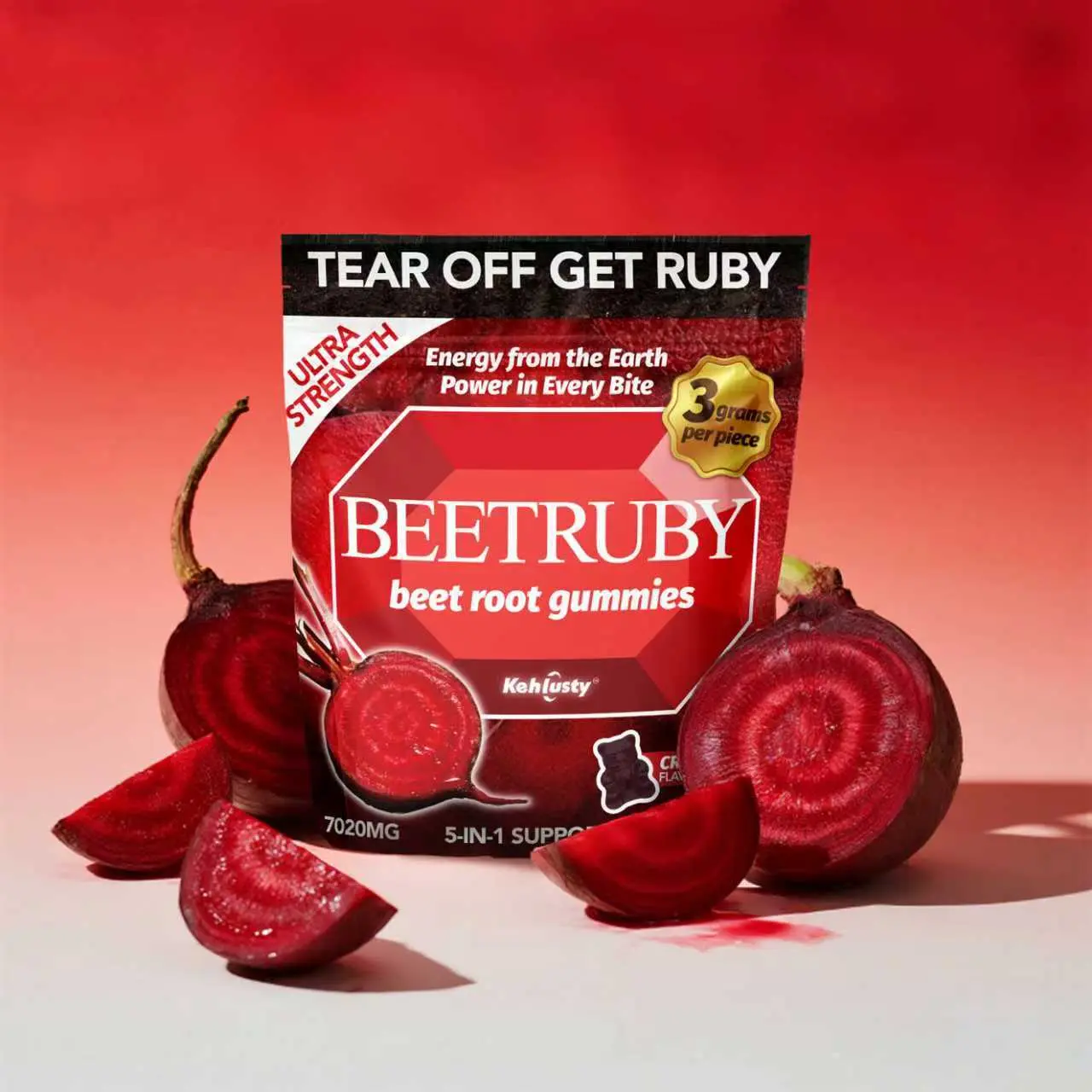Natural Vegan Chewable Beetroot Vitamin Supplement Gummies - Raspberry Flavor, 60 Count, Sugar-Free, Non-GMO, Gluten-Free, Energy Booster, Supports Blood Flow, Blood Sugar Balance, Nitric Oxide Production, Immunity, Spring Glowup Dietary Aid, Gmo-Free