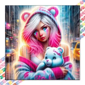 1 DIY handmade diamond painting kit, 5D diamond art set, DIY decoration, pink hair, cartoon bear, city street scene diamond painting set with full round diamonds, mosaic, diamond art, DIY art home decor, suitable for Christmas.