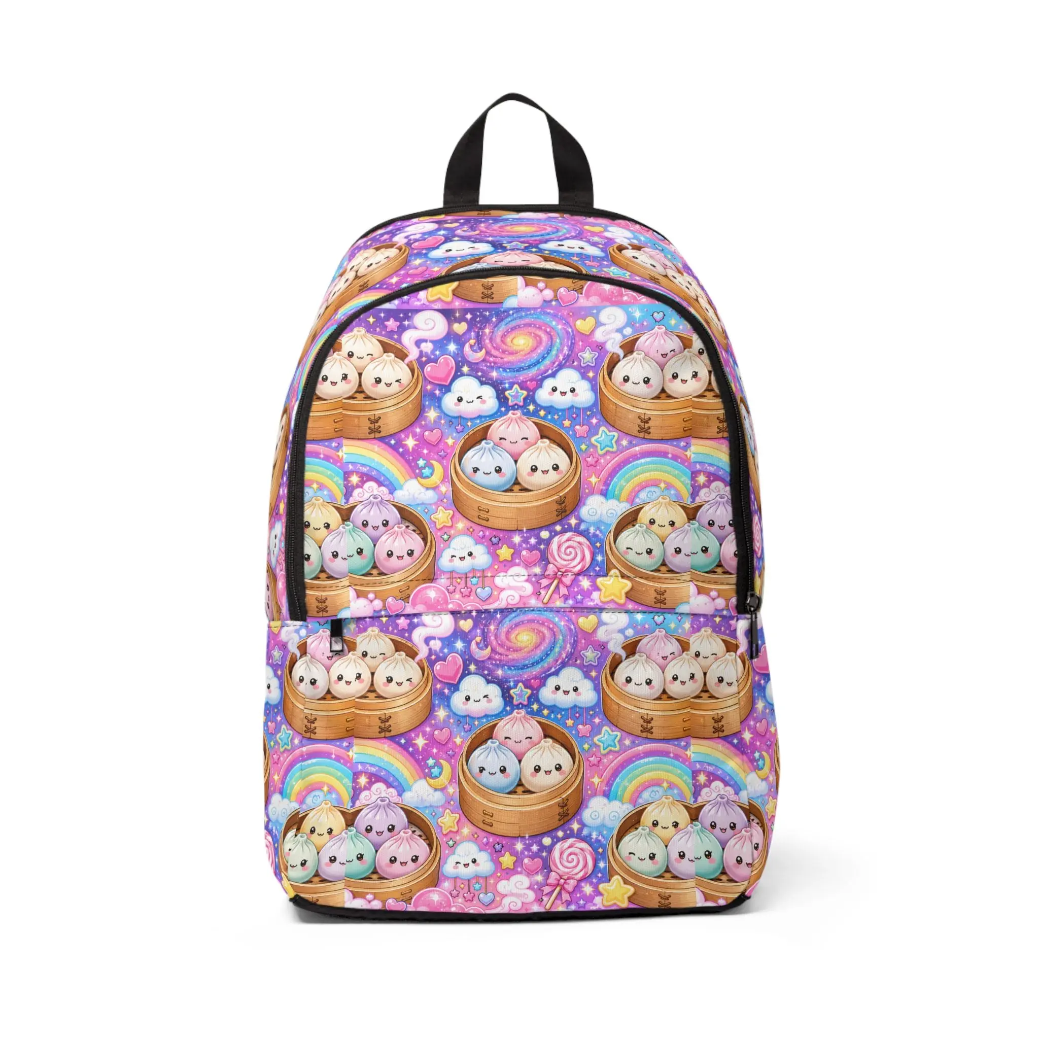 Kawaii Dumpling Pals Backpack - Cute Rainbow Steam Bun Print, Nylon Material, Zipper Closure, Playful Design for Back to School School Supplies