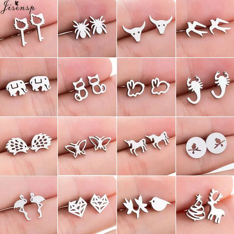 Jisensp Cute Animal Stainless Steel Stud Earrings for Women Minimalist Deer Birds Cat Butterfly Earing Piercing Pendients 2025