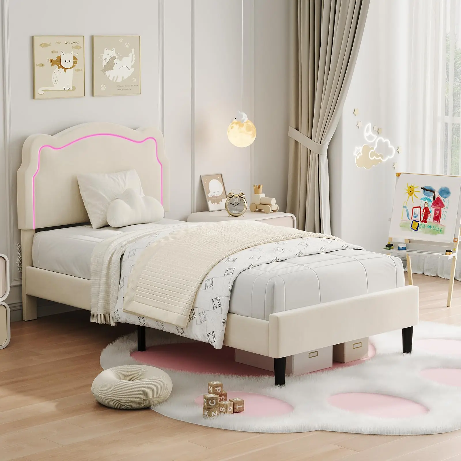Garvee Ivory Velvet Toddler T-Size Bed with Soft Ambient LED Neon Bear Light, Calming Bear-Shaped Decor, No Storage, Designed for Comfort and Cozy Bedroom Atmosphere