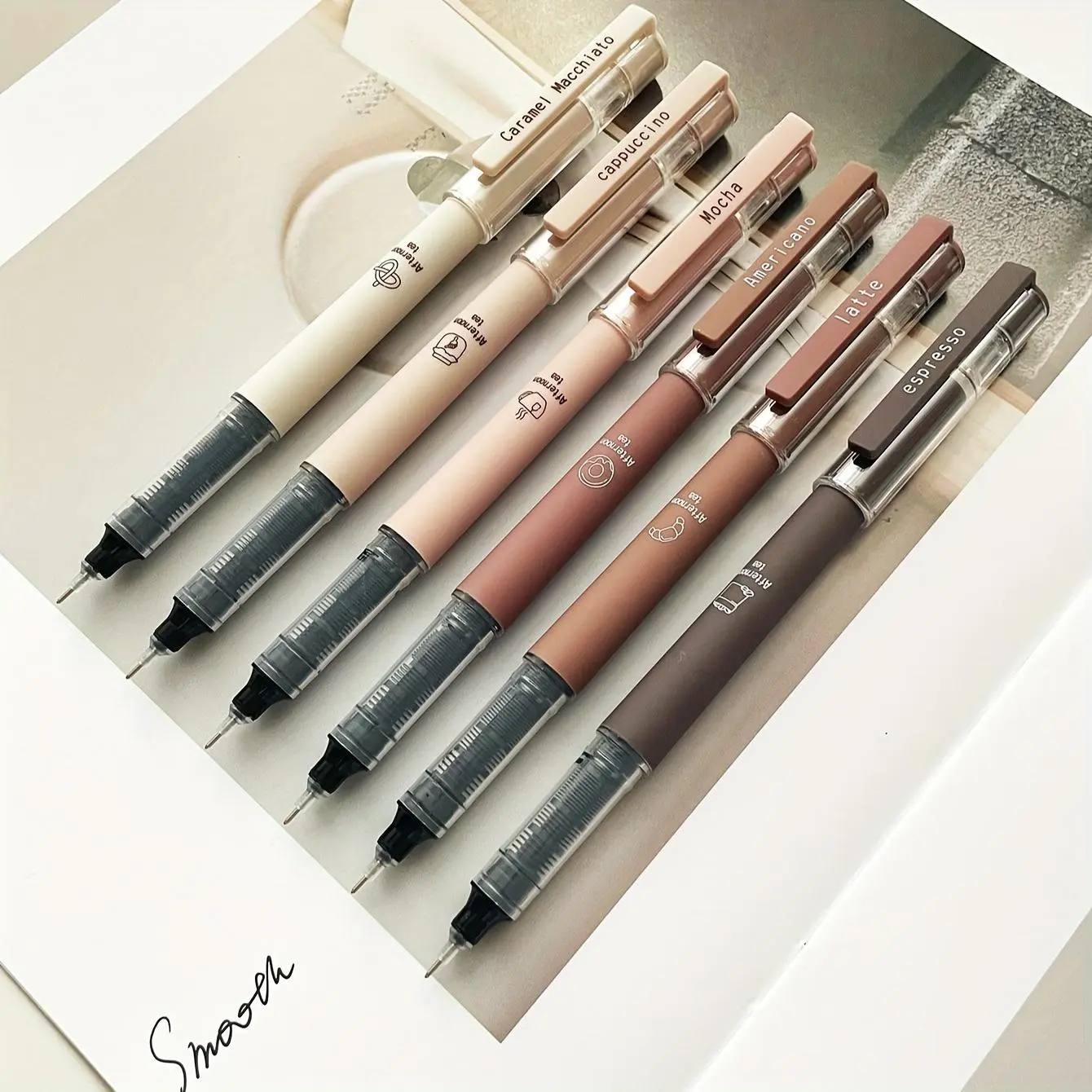6-Pack Coffee-Themed Quick-Dry Gel Ink Pens, Writing & Rollerball Pen Set, Soft-Touch Non-Leaking Design for Note-Taking & Art, Perfect for School & Office Stationery Supplies