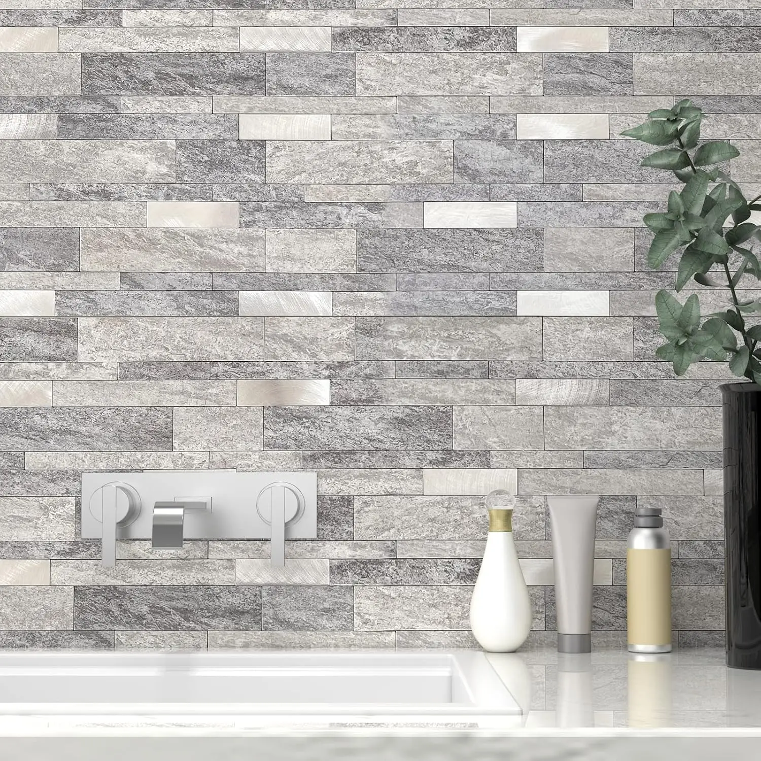 Gray Stone Synthetic Marble Tiles Sticker, Peel-and-Stick Linear Mosaic Backsplash (10pcs, 10" w x 12.1" l x 3.2 mm thick) for Kitchen, Bathroom Shower Wall Decor