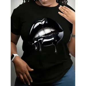 Plus Size Oversized Lips Print Tee with Glossy Lip Design Breathable Round Neck Short Sleeve Casual Top AllSeason Comfortable Versatile Basic TShirt for Layering or Statement Looks