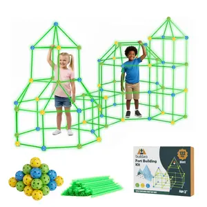 132-PCS Glow-in-the-Dark STEM Fort Building Kit for Kids, with Starry Sheet & Light, Indoor-Outdoor Creative Educational Toy for Teamwork, Fun Gifts