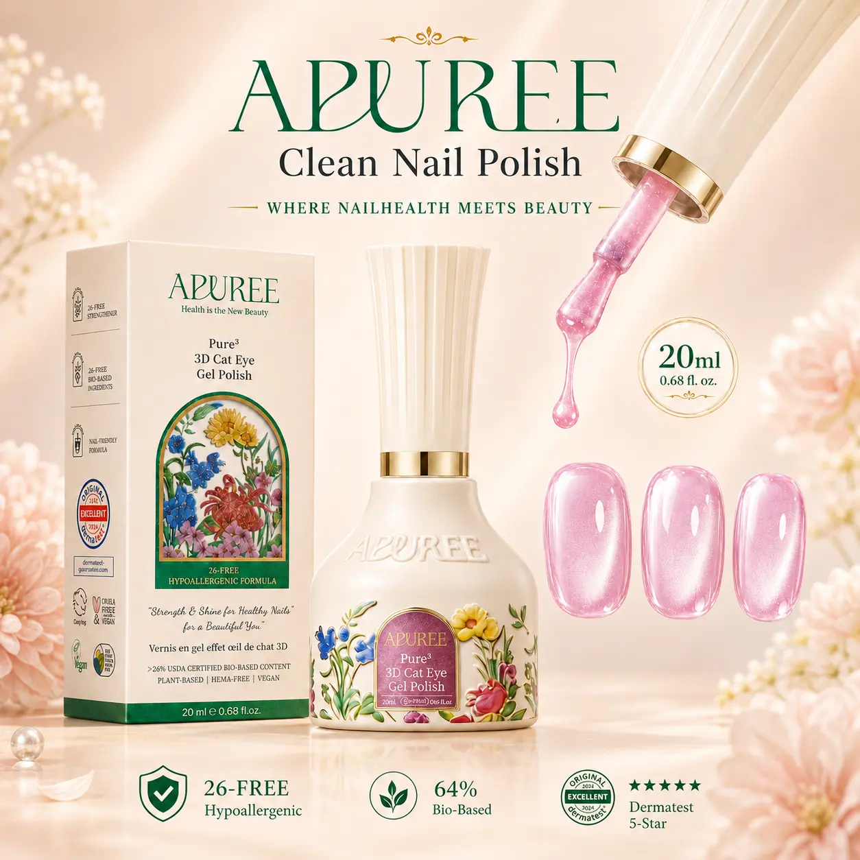 APUREE Cat Eye Gel Nail Polish - Dermatest 5-Star Excellence Rated, USDA 64% Bio-Based, 26-Free HEMA-Free Hypoallergenic Formula, Strengthening with Biotin & Keratin, High-Gloss 28-Day Wear, Vegan Nail Gel 0.7 Fl Oz