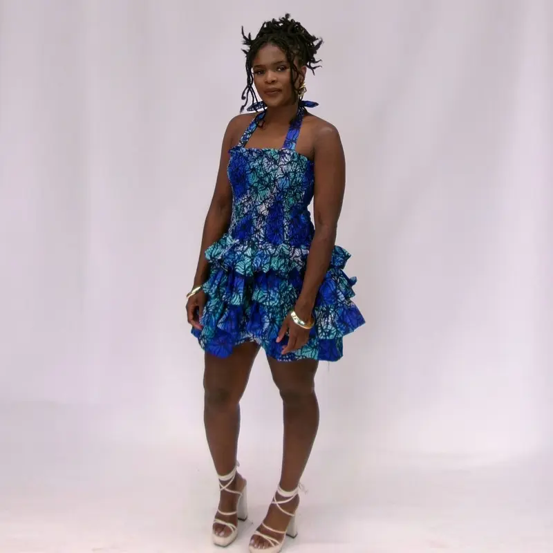 Arami Couture Mini Layers Dress Blue, White and Black Ankara Fabric Fashionable Women's Clothing with 4 Flare Layers & Ruched Stretchy Fabric