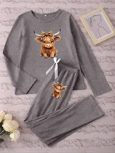 Women's Long Sleeve Pajama Set, Cartoon Highland Cow Print, Casual Fitted Sleepwear, Spring & Fall Nightgown, Moderate Fabric