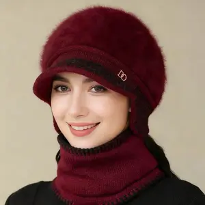 Women's 2-Piece Fleece-Lined Headwear Set - Cold Weather Essential Hat and Scarf, Visor Brim Beret, Thick Warm Cap, Ear Coverage, Maximizes Warmth, Headwear for Cold Weather