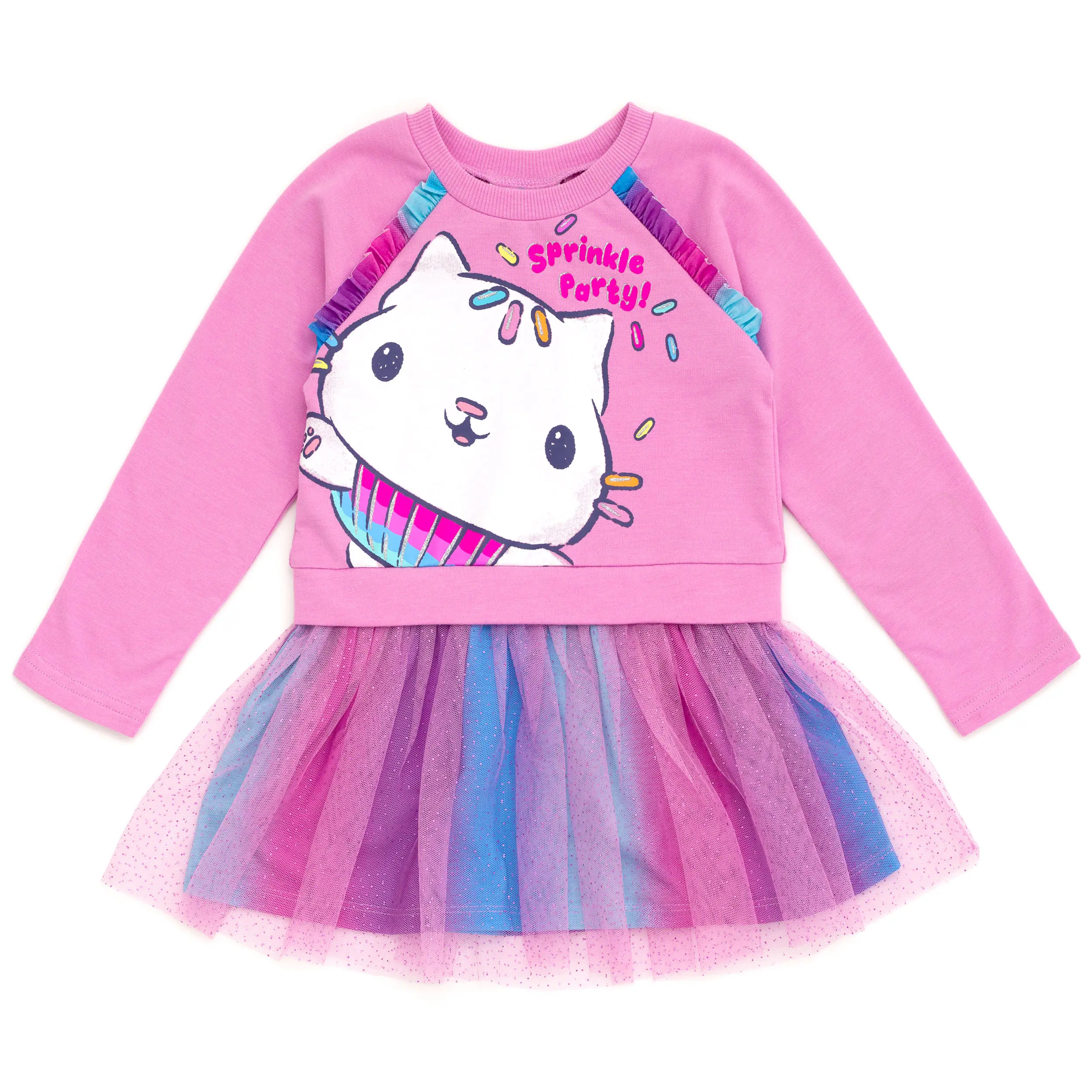 Dreamworks Gabby's Dollhouse Girls' French Terry Long Sleeve Tutu Dress with Mesh Skirt, Birthday Outfit for Toddlers