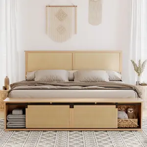Gaomon Natural Rattan King Size Sturdy Bed Frame, Boho Farmhouse Wooden Platform Bed with Sliding Barn Door Storage Cabinets, Headboard and Solid Wood Legs Support, No Box Spring Needed