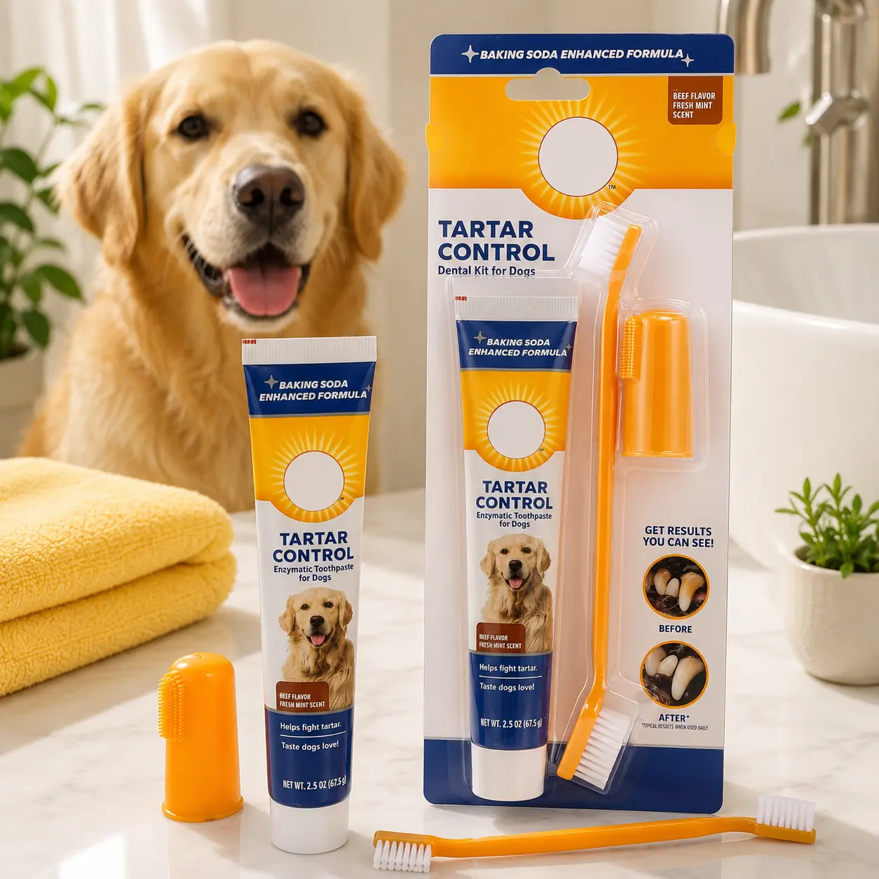 Dog Dental Care Kit, 3-Piece with Enzymatic Beef-Flavored Toothpaste, Dual-Head Toothbrush & Finger Brush for Plaque and Tartar Control