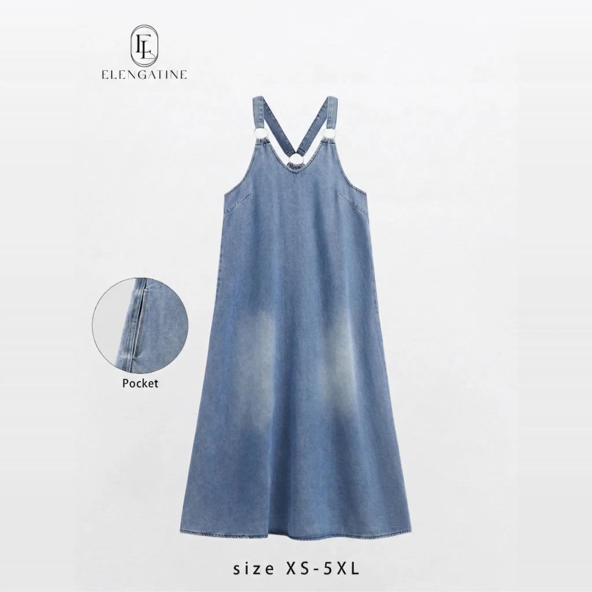 Elengatine Women’s Sleeveless Denim Maxi Dress with Adjustable Cross Back Straps, A-Line Design, Lightweight Summer Casual Dress for Vacation or Everyday Wear, Medium Blue Wash, Versatile and Stylish Dress, Available in Multiple Sizes