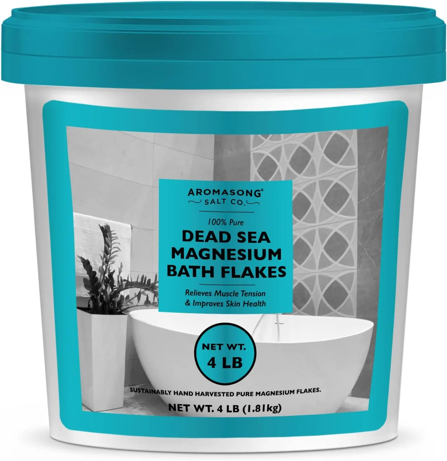 AROMASONG Raw Dead Sea Magnesium Flakes Bath Salt - 4lb Bulk Body Care Product with Reusable Storage Bucket, Daily Soothing Cleansing Bath & Shower Essential