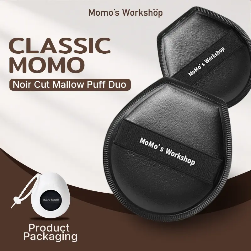 Momos Workshop Cheezy Puff Noir Cut Makeup Sponges, 2 Pack Large Rubycell Foundation Puff for a Flawless Look with Contoured Edges & Travel Case