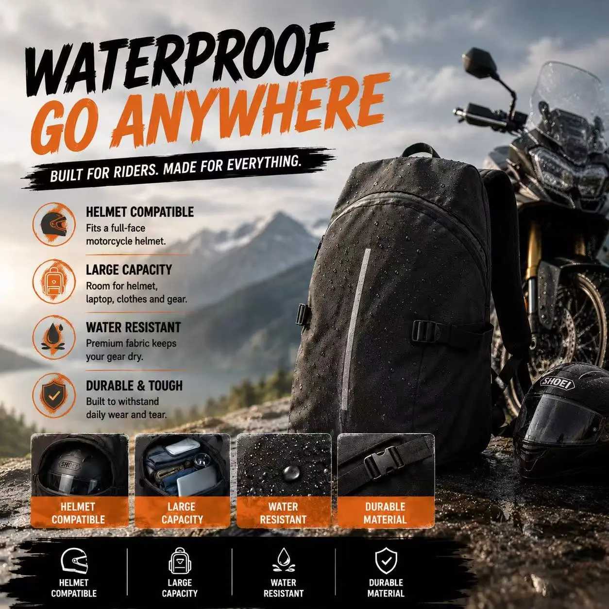 Motorcycle Backpack with Safety Reflective Strips Anti-Theft Zippers Large Capacity Main Compartment & Independent Helmet Storage Ideal for Long-Distance Riders