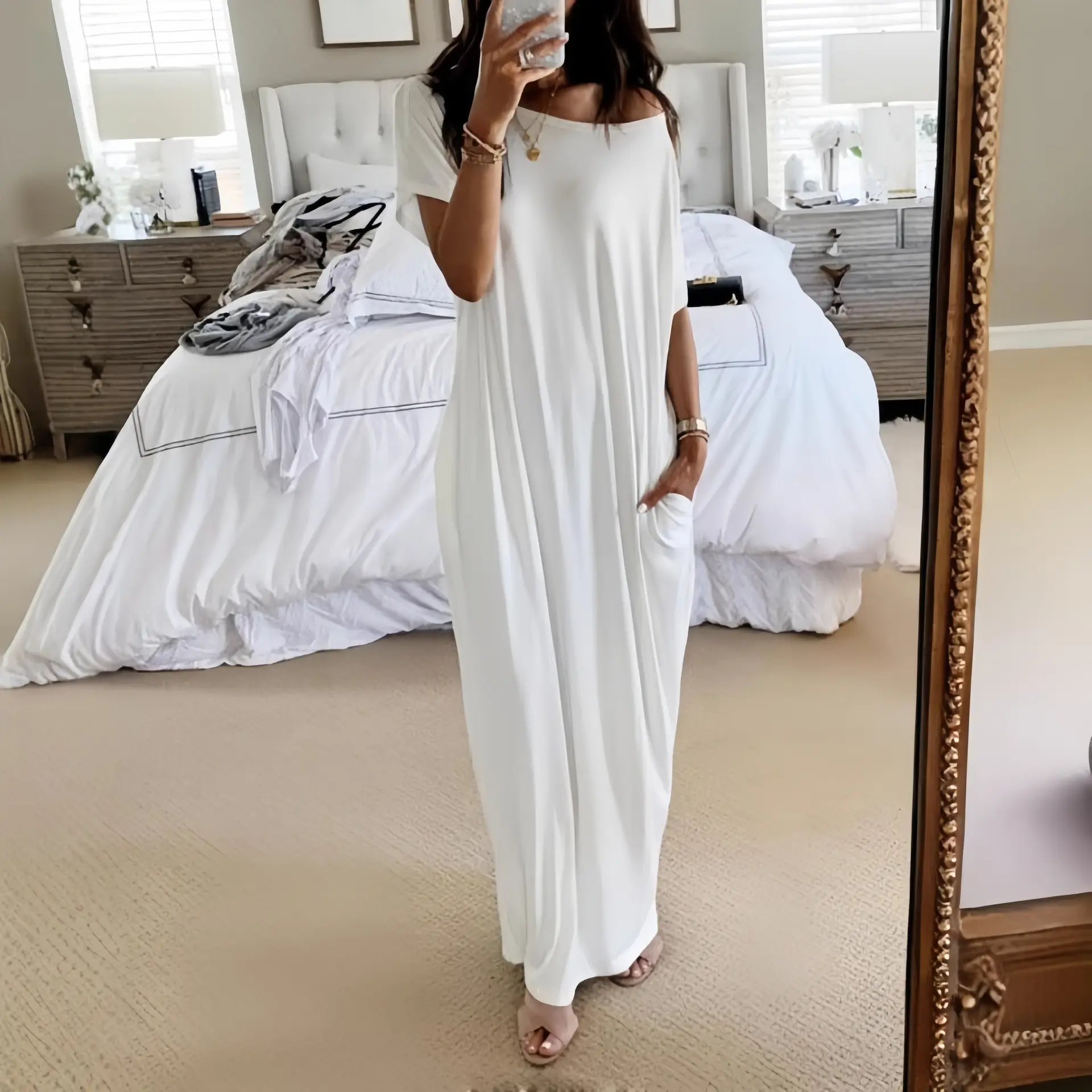 2026 Women’s Casual Loose Maxi Lounge Dress with Pockets, Off Shoulder Cotton Blend Nightgown, Soft Breathable Sleep Shirt, Oversized Short Sleeve Pajama Dress, Comfy Homewear House Dress Loungewear