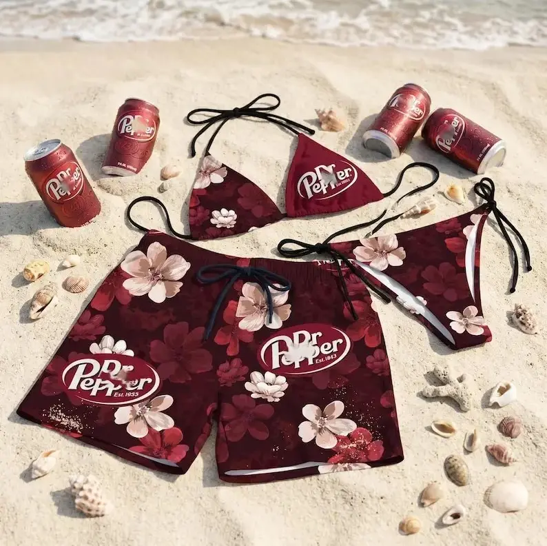 Dr Pepper Swimwear, Matching Couple Swimsuit, Dark Burgundy Bikini Set, Mens Swim Trunks, Beach Vacation Holiday Wear