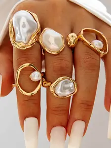 Elegant Faux Pearl Studded Stackable Ring Set, Pearl Embellished Alloy Casual Fashion Joint Rings, Perfect for Weddings, Vacations, Mother's Day Gifts