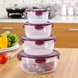 4pcs Kitchen & Fridge Storage Containers Round Airtight Clear PP Material Microwave Safe Stackable Food Organizers for Kitchen Organization