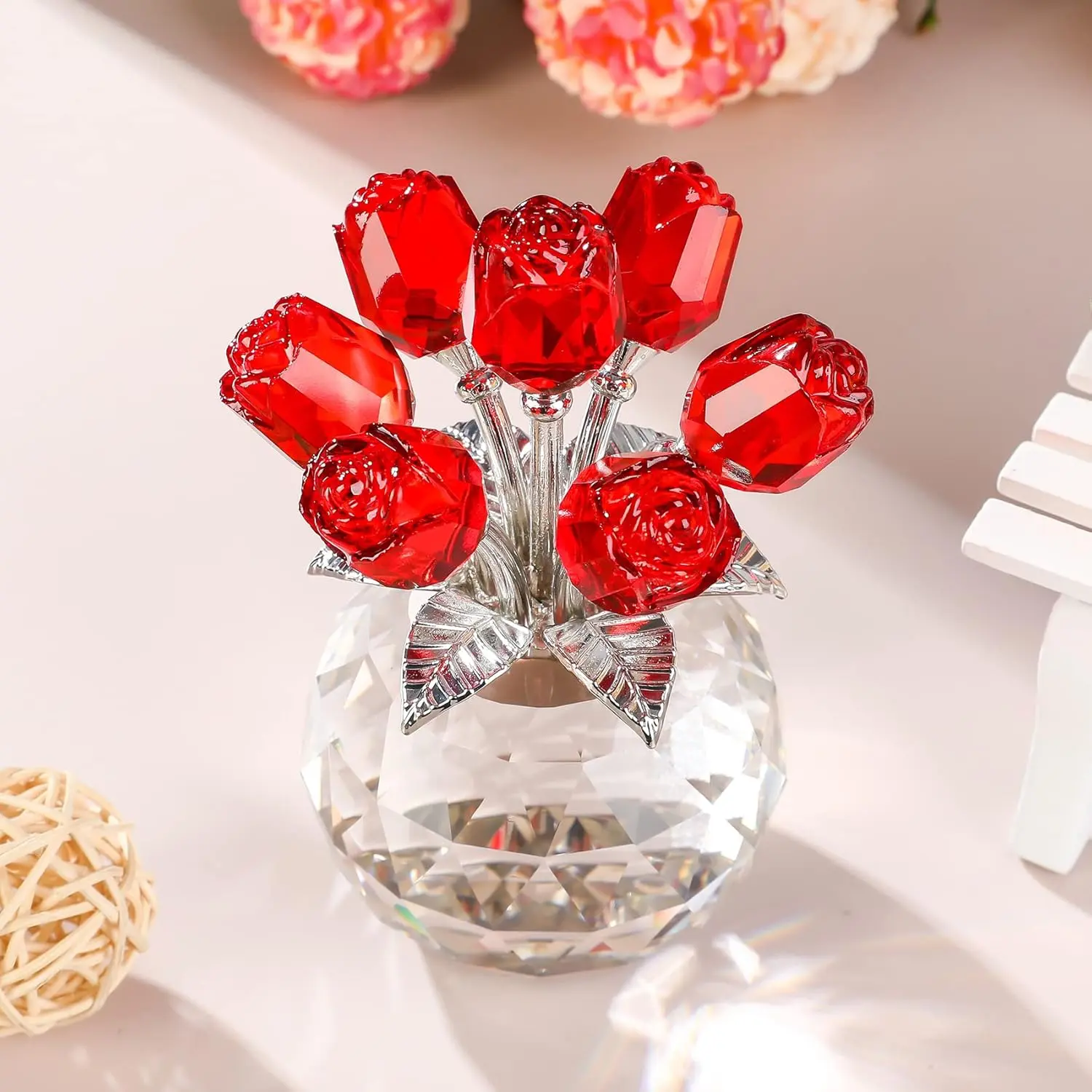 Sparkling Boxed Crystal Rose Bouquet Figurine - Decorative Artificial Flower, Artificial Flowers, Women Gifts for Valentine's Day, Mother's Day Home Decor Ornaments