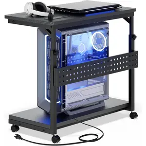 Tower Stand with Power Strips, 4 Levels Manual Height Adjustable PC Tower Stand for Under Desk, Mobile Rolling CPU Holder,  Cart with Wheels, 24", Carbon Fiber Black