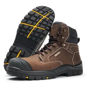 Work Boots Leather Upper Steel Toe Anti-smashing Anti-static Waterproof Rubber Outsole S3 Safety Shoes Brown for Men