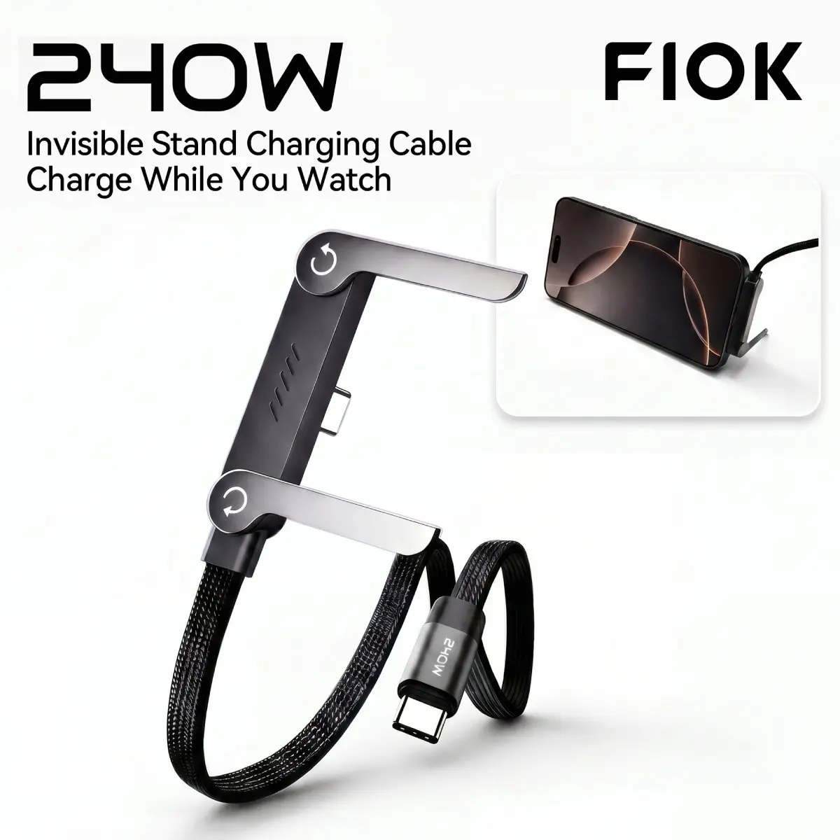 240W Super Fast Charging Invisible Stand Cable – 2-in-1 Phone Holder & Charger for Gaming, Office & Travel