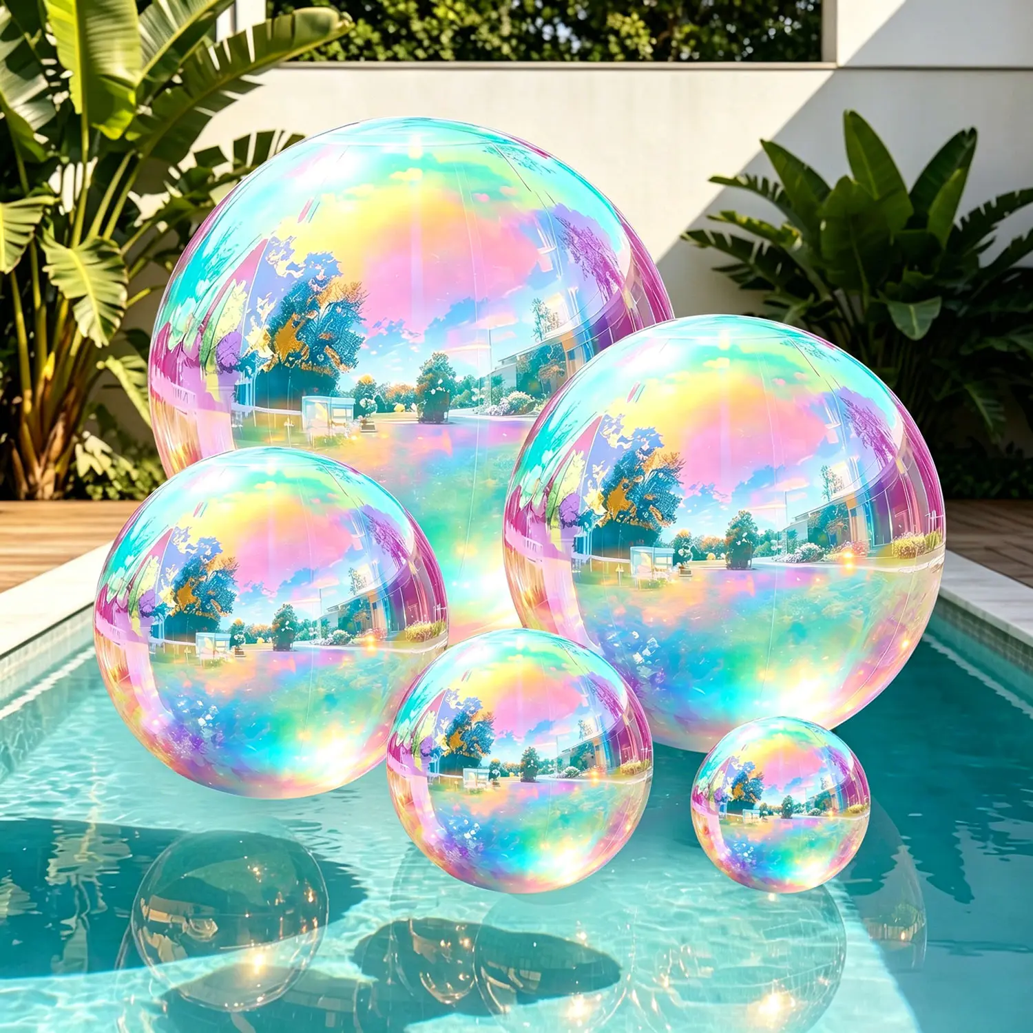5 PCS Lightweight Iridescent Holographic Metallic Inflatable Mirror Ball Balloons Pack with Pump - Reusable Giant PVC Spheres for Festival, Wedding, Stage Decor, Photo Backdrops
